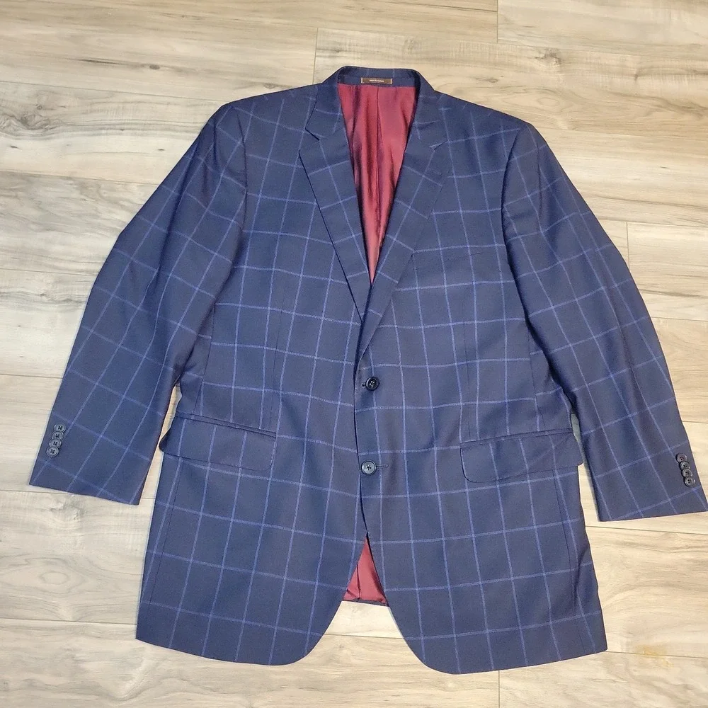 Peter Millar Blazer Jacket 46T Blue 100% Wool Windowpane Sport Coat Two-Button